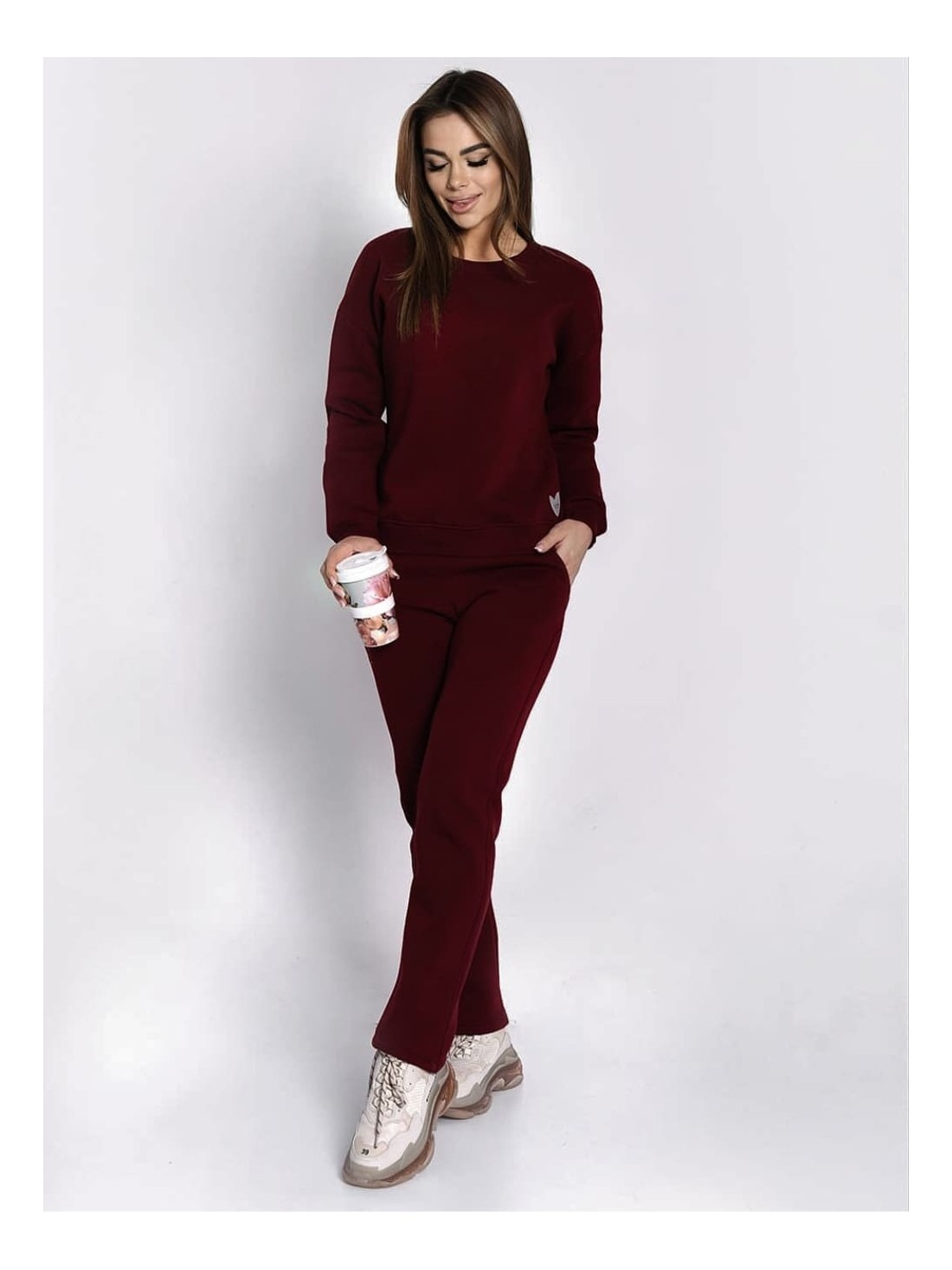 Insulated tracksuit for women sweatshirt and loose pants burgundy FI762